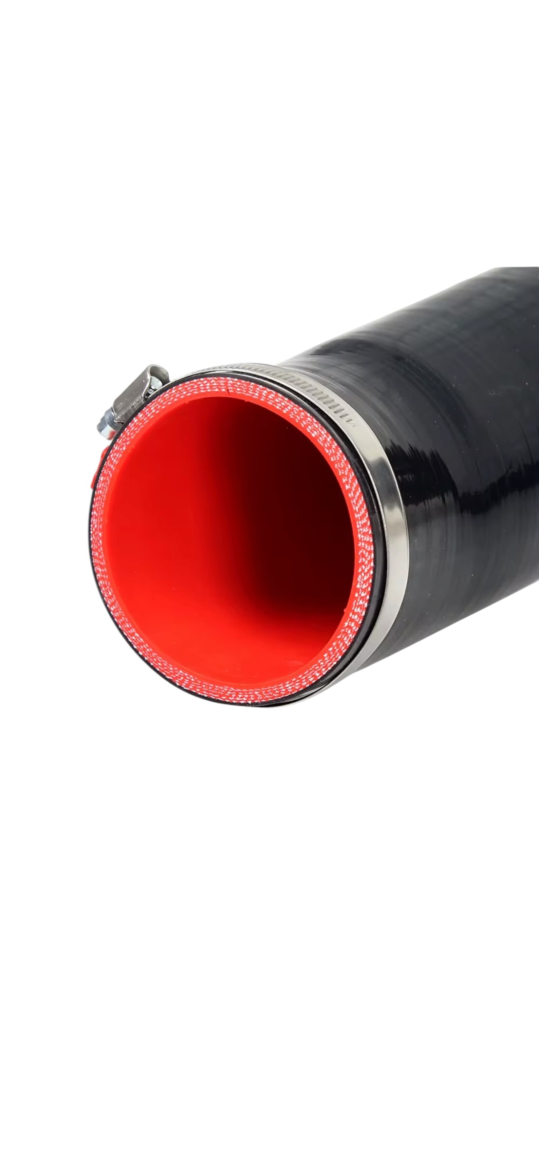 Close-up of black silicone intake tube with red interior lining